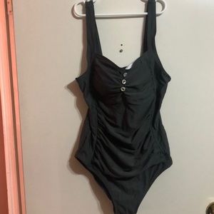 Gray one piece bathing suit.